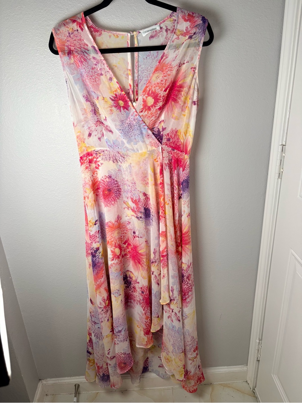 Calvin Klein Pink Multi Floral Sheer High-Low Dress Women’s Size M